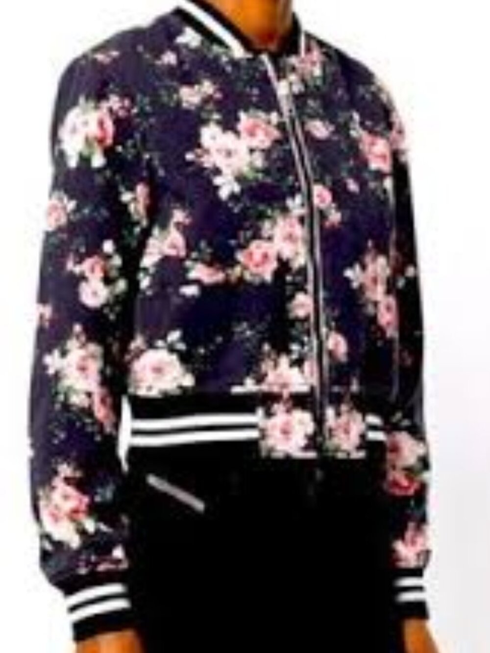 Diesel Black Pink Rose Floral Bomber Jacket Cropped Varsity